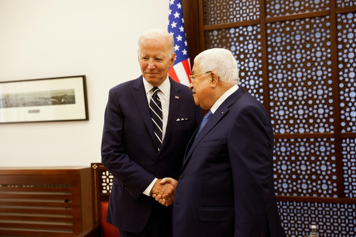 Palestinian President Mahmoud Abbas meets U.S. President Joe Biden in Bethlehem in the Israeli-occupied West Bank July 15, 2022. REUTERS/Mohamad Torokman/Pool