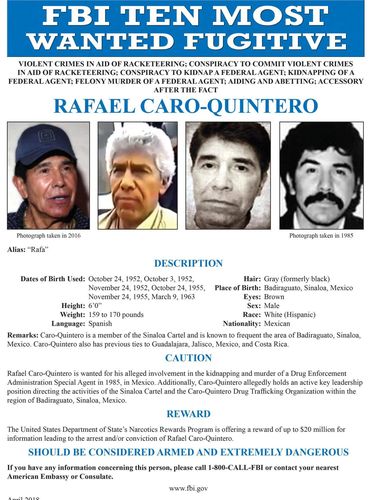 A FBI's ten most wanted fugitive poster shows Rafael Caro Quintero. FBI ? Federal Bureau of Investigation/ Handout via REUTERS