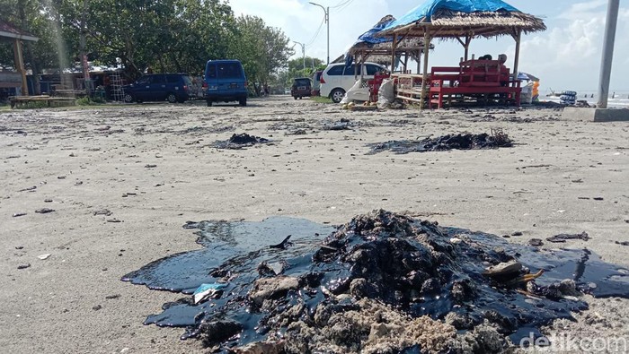 Limbah minyak di Pantai Kerangmas, Lampung Timur.
