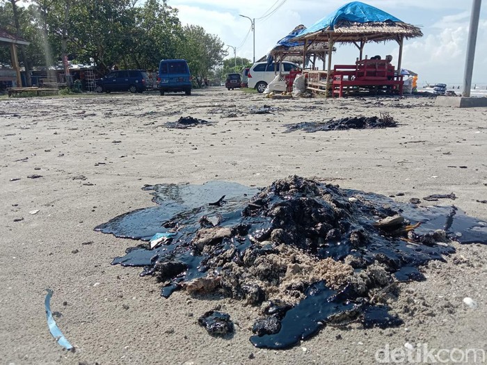 Limbah minyak di Pantai Kerangmas, Lampung Timur.
