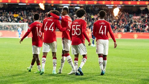 MELBOURNE, AUSTRALIA - JULY 15: Tahith Chong of Manchester United scores against Melbourne Victory via a deflection in a pre-season friendly football match at the MCG on 15th July 2022 (Photo credit should read Chris Putnam/Future Publishing via Getty Images)