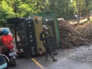 Truk Muat Tebu Terguling di Jalan Menikung Jalur Gumitir Jember