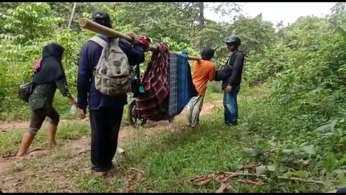 Warga Polman, Sulbar dipikul sejauh 12 km ke puskesmas karena jalan yang rusak parah.