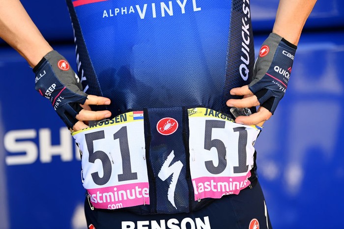CARCASSONNE, FRANCE - JULY 17: Detailed view of BIB number of Fabio Jakobsen of Netherlands and Quick-Step - Alpha Vinyl Team prior to the 109th Tour de France 2022, Stage 15 a km stage from Rodez to Carcassonne / #TDF2022 / #WorldTour / on July 17, 2022 in Carcassonne, France. (Photo by Tim de Waele/Getty Images)