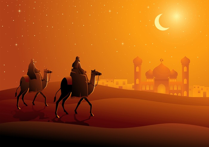 Vector illustration of two Arab men riding camels in the desert, night landscape for Ramadan and Islamic theme