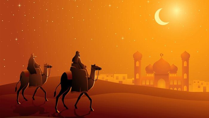 Vector illustration of two Arab men riding camels in the desert, night landscape for Ramadan and Islamic theme