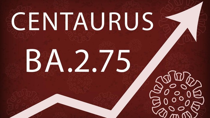Omicron Centaurus BA.2.75 Coronavirus pattern on dark red background with darkening and texture. The pale viruses are different in size. Pango lineage B.1.1.529.2.75.
