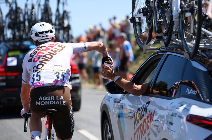CARCASSONNE, FRANCE - JULY 17: Tadej Pogacar of Slovenia and UAE Team Emirates white best young jersey (R) congratulates Jasper Philipsen of Belgium and Team Alpecin-Fenix (L) stage winner during the 109th Tour de France 2022, Stage 15 a km stage from Rodez to Carcassonne / #TDF2022 / #WorldTour / on July 17, 2022 in Carcassonne, France. (Photo by Tim de Waele/Getty Images)