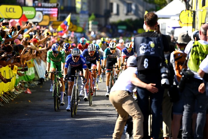 CARCASSONNE, FRANCE - JULY 17: Tadej Pogacar of Slovenia and UAE Team Emirates white best young jersey (R) congratulates Jasper Philipsen of Belgium and Team Alpecin-Fenix (L) stage winner during the 109th Tour de France 2022, Stage 15 a km stage from Rodez to Carcassonne / #TDF2022 / #WorldTour / on July 17, 2022 in Carcassonne, France. (Photo by Tim de Waele/Getty Images)