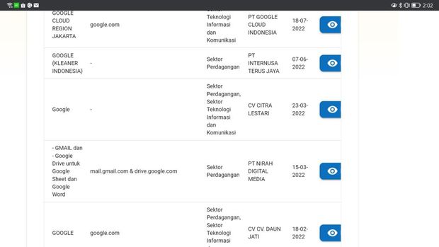 nama Google di laman pse.kominfo.go.id (screenshot)