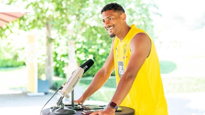 BAD RAGAZ, SWITZERLAND - JULY 17: Sebastien Haller of Borussia Dortmund during a press conference at the Borussia Dortmund Training Camp on July 17, 2022 in Bad Ragaz. (Photo by Alexandre Simoes/Borussia Dortmund/Getty Images)