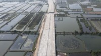 Foto udara proyek pembangunan Jalan Tol Cibitung-Cilincing (JTCC) seksi 4 di Marunda, Cilincing, Jakarta Utara, Selasa (19/7/2022).   