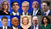 Kombinasi foto kandidat PM Inggris pengganti Boris Johnson, (dari kiri searah jarum jam) Penny Mordaunt, Rishi Sunak, Michael Gove, Nadhim Zahawi, Steve Baker, Suella Braverman, Ben Wallace, Liz Truss, Sajid Javid and Jeremy Hunt. Partai akan menyeleksi calon pengganti PM Boris Johnson. Perdana Menteri Inggris yang baru akan diumumkan pada 5 September mendatang. (Getty Images)