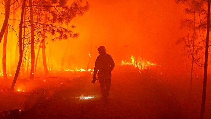 Aksi-aksi Luar Biasa Pemadam Kebakaran Hutan This photo provided by the fire brigade of the Gironde region (SDIS 33) shows firefighters fighting wildfire near Landiras, southwestern France, Sunday July 17, 2022 . Firefighters battled wildfires raging out of control in France and Spain on Sunday as Europe wilted under an unusually extreme heat wave that authorities in Madrid blamed for hundreds of deaths. (SDIS 33 via AP)
