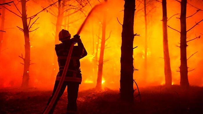 Aksi-aksi Luar Biasa Pemadam Kebakaran Hutan This photo provided by the fire brigade of the Gironde region (SDIS 33) shows a firefighter puts water on a trees at a forest fire at La Test-de-Buch, southwestern France, late Monday, July 18, 2022. France scrambled more water-bombing planes and hundreds more firefighters to combat spreading wildfires that were being fed Monday by hot swirling winds from a searing heat wave broiling much of Europe. (SDIS 33 via AP)