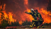 Petugas pemadam kebakaran membuka selang pemadam di kebakaran hutan di La Test-de-Buch, barat daya Prancis, Senin, (18/7/2022). Prancis melakukan lebih banyak pengeboman air dari pesawat dan ratusan petugas pemadam kebakaran lainnya untuk memerangi penyebaran kebakaran hutan yang dipicu oleh angin panas. (SDIS 33 via AP Photo)