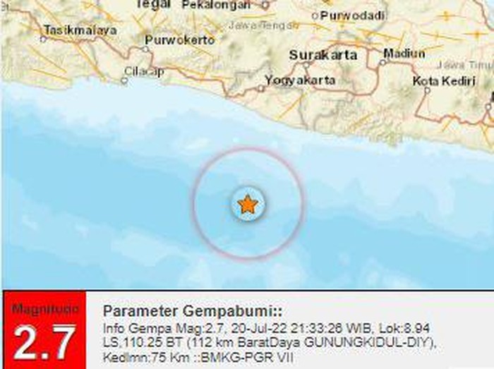 Gempa M 2,7 terjadi di barat daya Gunungkidul, Rabu (20/7/2022) pukul 21.33 WIB.