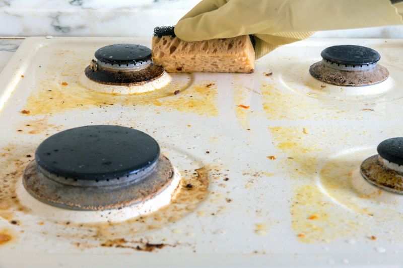 bersihkan kompor gas dapur modern yang kotor dengan spons