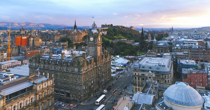 Aerial view of Edinburgh city during sunset Scotland