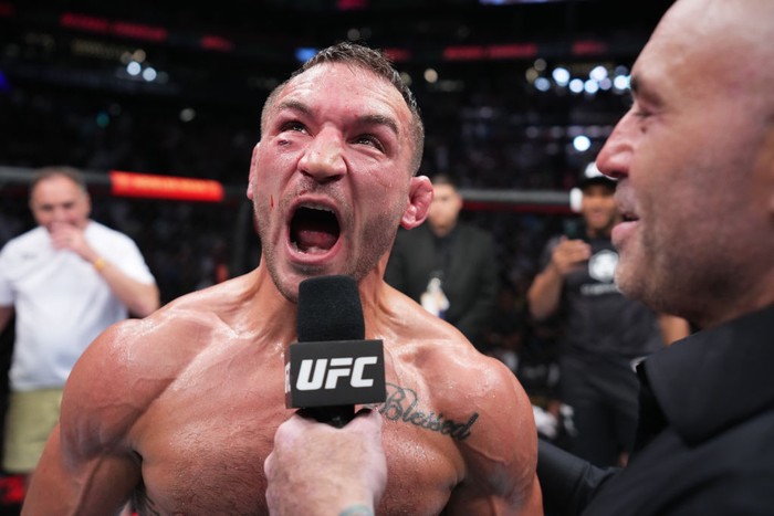 PHOENIX, ARIZONA - MAY 07: Michael Chandler celebrates after his knockout victory over Tony Ferguson in a lightweight fight during the UFC 274 event at Footprint Center on May 07, 2022 in Phoenix, Arizona. (Photo by Chris Unger/Zuffa LLC)