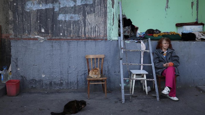 Natalia Pasternak, 68, who is the only person left in her building and lives in the basement, feeds one of the cats which were abandoned by families who fled the war in Pasternak's neighbourhood of northern Saltivka, one of the most damaged residential areas of Kharkiv, as Russia's invasion of Ukraine continues, in Kharkiv, Ukraine July 18, 2022. REUTERS/Nacho Doce