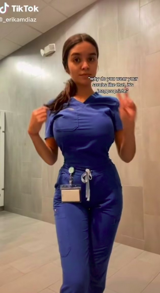 Seorang wanita bernama Erika Diaz sering membagikan kesehariannya sebagai perawat di TikTok. Baru-baru ini ia pun jadi viral tapi karena busananya. Foto: TikTok @_erikamdiaz