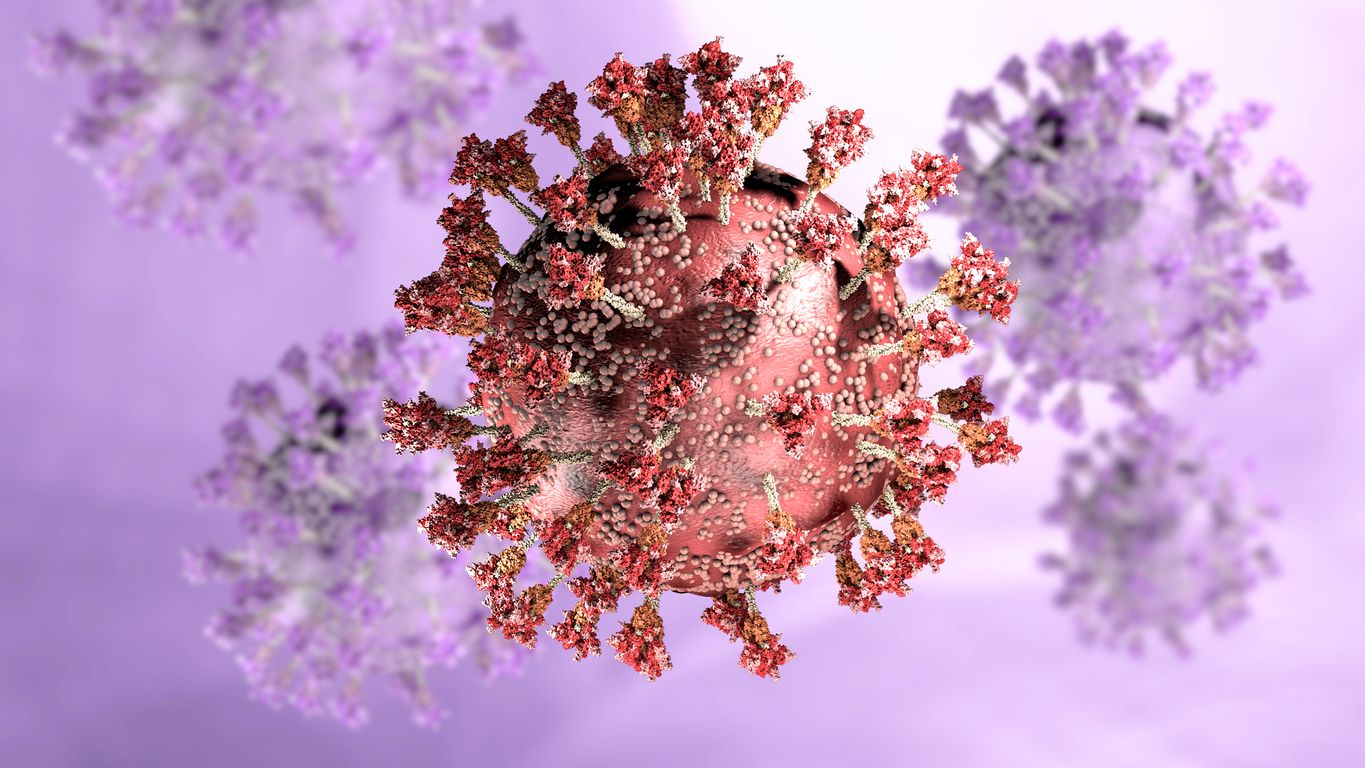 Virus yang diubah, virus korona, protein lonjakan.  Omikron.  Covid-19 dilihat di bawah mikroskop.  SARS-CoV-2, tampilan 3D