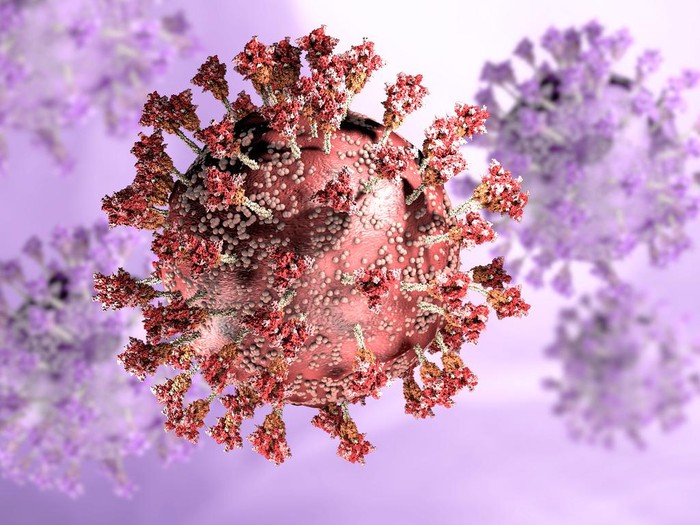 Virus variant, coronavirus, spike protein. Omicron. Covid-19 seen under the microscope. SARS-CoV-2, 3d rendering