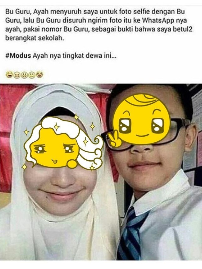 Kalau ini sih namanya modus. Walaupun nggak anter anak ke sekolah, modusnya tetap berjalan. Jangan sampai aja si mama tahu. Foto: Twitter/bang_memedh