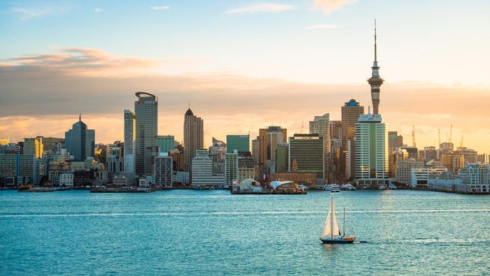 2018, JAN 3 - Auckland, New Zealand, Panorama view, Beautiful landcape of the building in Auckland city before sunset. View from Cyril Bassett VC Lookout.