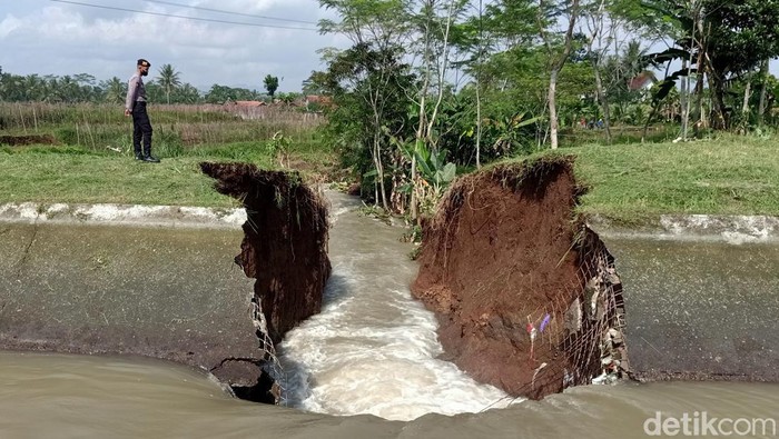 Tanggul irigasi jebol di Desa Kincang, Kecamatan Rakit, Banjarnegara, Kamis (21/7/2022).