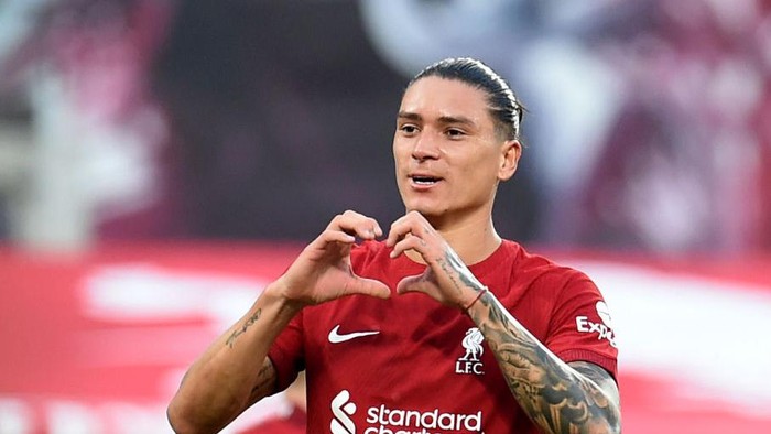 LEIPZIG, GERMANY - JULY 21: (THE SUN OUT, THE SUN ON SUNDAY OUT) Darwin Nunez of Liverpool celebrates after scoring the third goal during the pre-season friendly match between RB Leipzig and Liverpool FC at Red Bull Arena on July 21, 2022 in Leipzig, Germany. (Photo by John Powell/Liverpool FC via Getty Images)