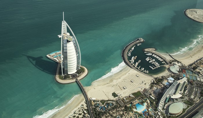 Dubai, United Arab Emirates, 18th May, 2018: aerial view of world most highly rated hotel Burj Al Arb