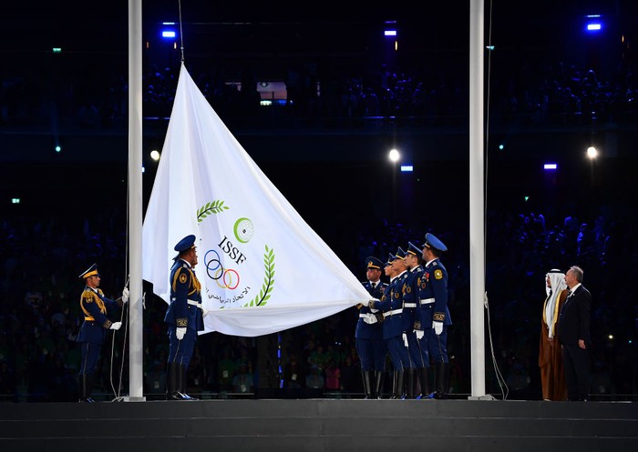 BAKU, AZERBAIJAN - MAY 22:  The flag of the Islamic Solidarity Sports Federation is lowered during the closing ceremony of Baku 2017 - 4th Islamic Solidarity Games at the Olympic Stadium on May 22, 2017 in Baku, Azerbaijan. (Photo by Dan Mullan/Getty Images)