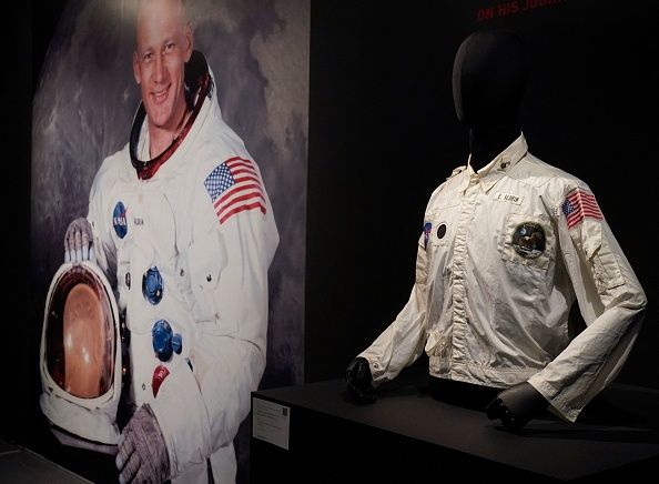Buzz Aldrin's Inflight Coverall Jacket, worn by him on his  Apollo 11 mission to the Moon is on display July 21, 2022 during a media preview at Sothebys in New York. - The  auction is Celebrating Life & Career of Legendary Astronaut Buzz Aldrin featuring Space-Flown Artifacts from Gemini XII & Apollo 11 Missions. (Photo by TIMOTHY A. CLARY / AFP) (Photo by TIMOTHY A. CLARY/AFP via Getty Images)