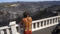 Seorang warga menatap hutan yang telah hangus terbakar.