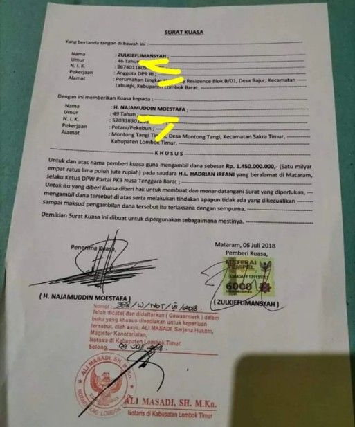 Surat kuasa yang diberikan Gubernur NTB Zul ke anggota DPRD NTB Najamuddin Moestafa untuk menagih utang ke Ketua DWP PKB viral di media sosial.