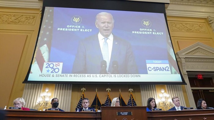 A video of President-elect Joe Biden is played as the House select committee investigating the Jan. 6 attack on the U.S. Capitol holds a hearing at the Capitol in Washington, Thursday, July 21, 2022. (AP Photo/Patrick Semansky)