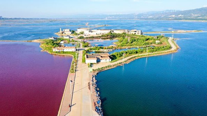 YUNCHENG, CHINA - JULY 12: Aerial view of a colorful salt lake on July 12, 2022 in Yuncheng, Shanxi Province of China. (Photo by VCG/VCG via Getty Images)