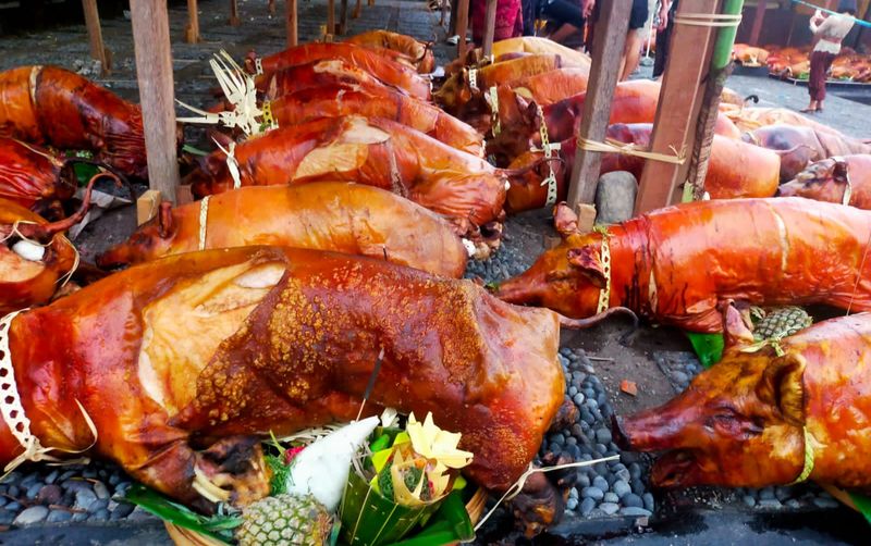 Beberapa ekor babi guling berjajar di Pura Panti Kaler, Desa Adat Timbrah, Kecamatan dan Kabupaten Karangasem, Bali. Beberapa ekor babi guling berjajar di Pura Panti Kaler, Desa Adat Timbrah, Kecamatan dan Kabupaten Karangasem, Bali.