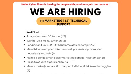 PT Cyber Akses Indonesia Cari 3 Marketing-Technical Support