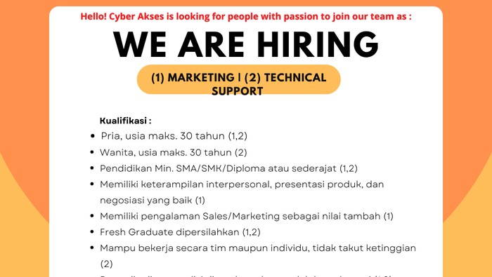 PT Cyber Akses Indonesia Cari 3 Marketing-Technical Support