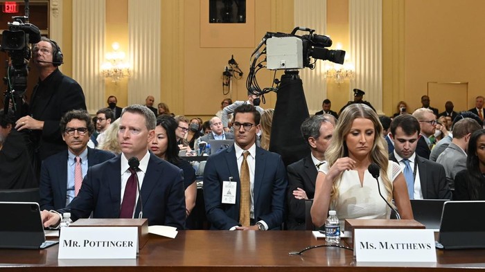 Alex Wollet Former National Security Council member Matthew Pottinger (L) and former Deputy White House Press Secretary Sarah Matthews listen during a hearing by the House Select Committee to investigate the January 6th attack on the US Capitol in the Cannon House Office Building in Washington, DC, on July 21, 2022. - The select House committee conducting the investigation of the Capitol riot is holding its eighth and final hearing, providing a detailed examination of former president Donald Trumps actions on January 6th. More than 850 people have been arrested in connection with the 2021 attack on Congress, which came after Trump delivered a fiery speech to his supporters near the White House falsely claiming that the election was