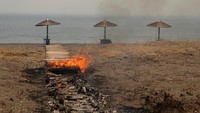Api juga membakar bar dan payung pantai. REUTERS/Elias Marcou
