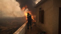 Seorang petugas pemadam kebakaran berusaha untuk memadamkan api yang menjalar ke rumah. REUTERS/Alexandros Avramidis