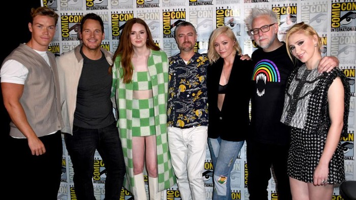 SAN DIEGO, CALIFORNIA - JULY 23: (L-R) Will Poulter, Chris Pratt, Karen Gillan, Sean Gunn, Pom Klementieff, James Gunn, and Maria Bakalova attend the Marvel Cinematic Universe Mega-Panel during 2022 Comic Con International: San Diego at San Diego Convention Center on July 23, 2022 in San Diego, California. (Photo by Albert L. Ortega/Getty Images)