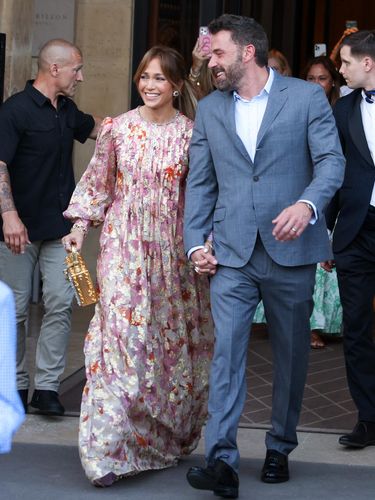 PARIS, FRANCE - JULY 23: Jennifer Lopez and Ben Affleck are seen leaving Hôtel de Crillon on July 23, 2022 in Paris, France. (Photo by Pierre Suu/GC Images)