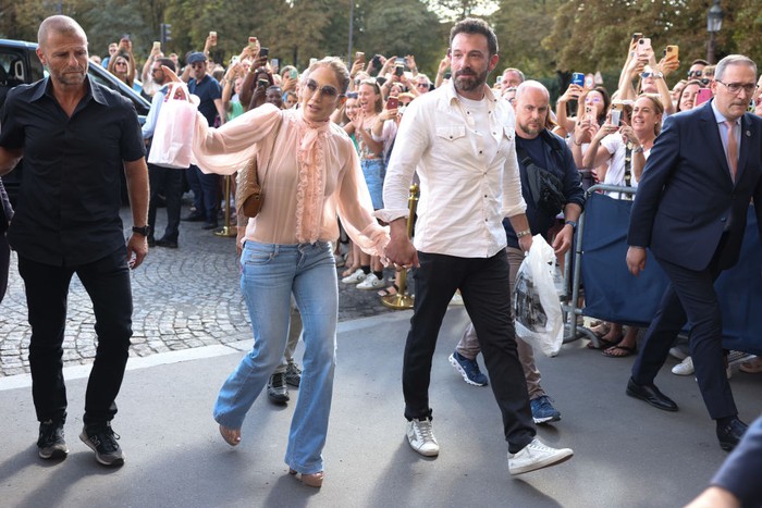 PARIS, FRANCE - JULY 25: Jennifer Lopez and Ben Affleck arrive at their Hotel on July 25, 2022 in Paris, France. (Photo by Pierre Suu/GC Images)