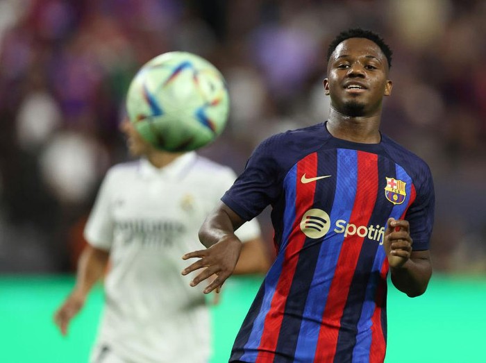 LAS VEGAS, NV - JULY 23: Ansu Fati of FC Barcelona during the preseason friendly match between Real Madrid and Barcelona at Allegiant Stadium on July 23, 2022 in Las Vegas, Nevada. (Photo by James Williamson - AMA/Getty Images)