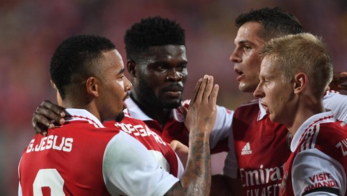 ORLANDO, FLORIDA - JULY 23: Gabriel Jesus, Thomas Partey, Granit Xhaka and Oleksandr Zinchenko celebrate the 2nd Arsenal goal during the Florida Cup match between Chelsea and Arsenal at Camping World Stadium on July 23, 2022 in Orlando, Florida. (Photo by David Price/Arsenal FC via Getty Images)